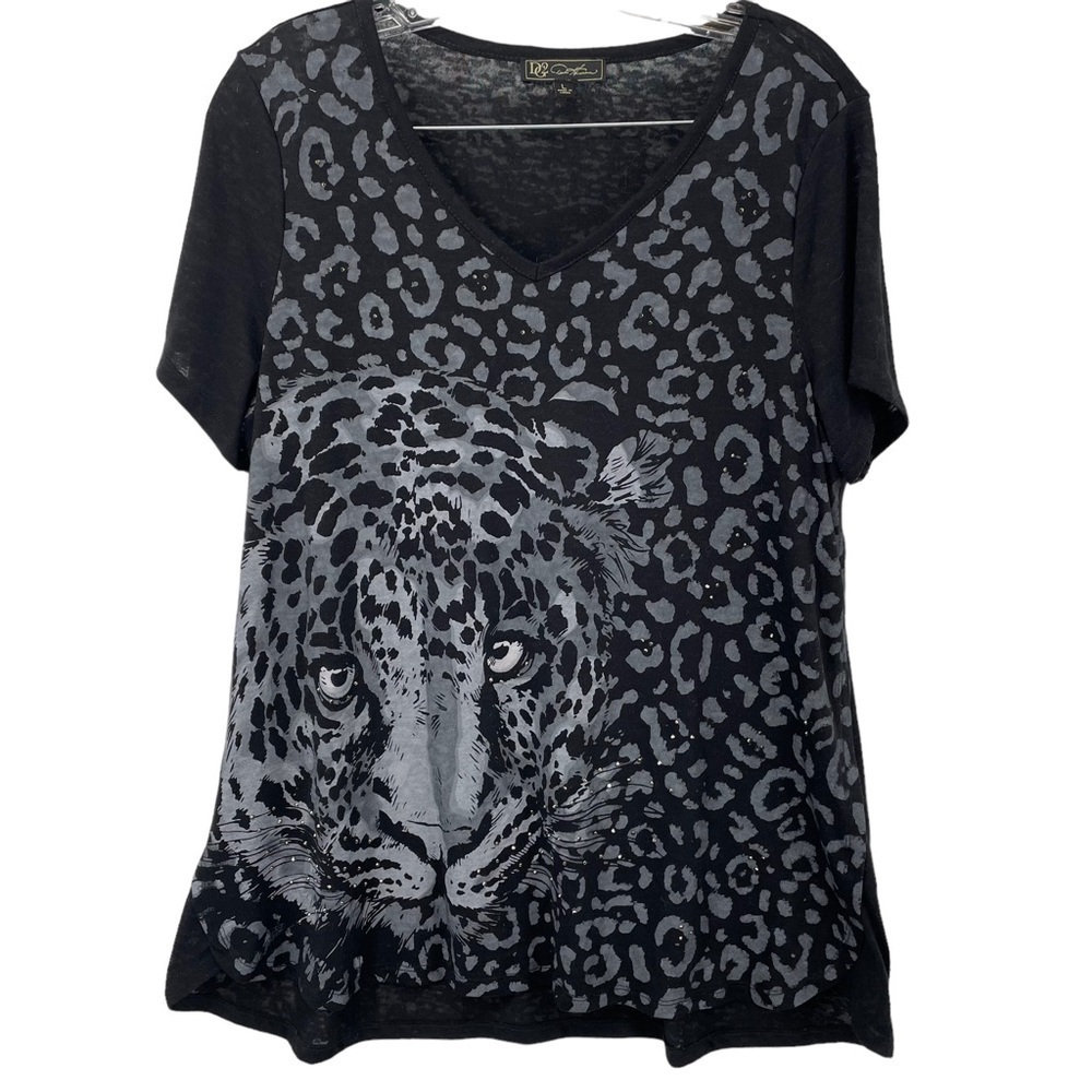DG2 by Diane Gilman Black and Gray Leopard Tiger Print Short Sleeve Tee